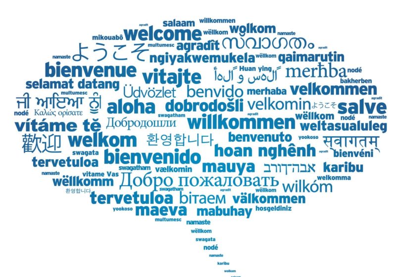 Speech bubble with welcome in different lanhuages on white background.